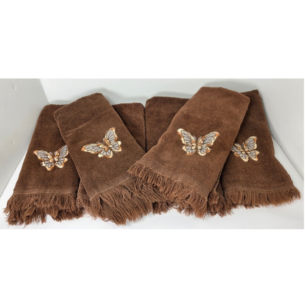 Vintage Martex Brown Butterfly Embroidered Fringed Hand Towels Set of 6 USA Made